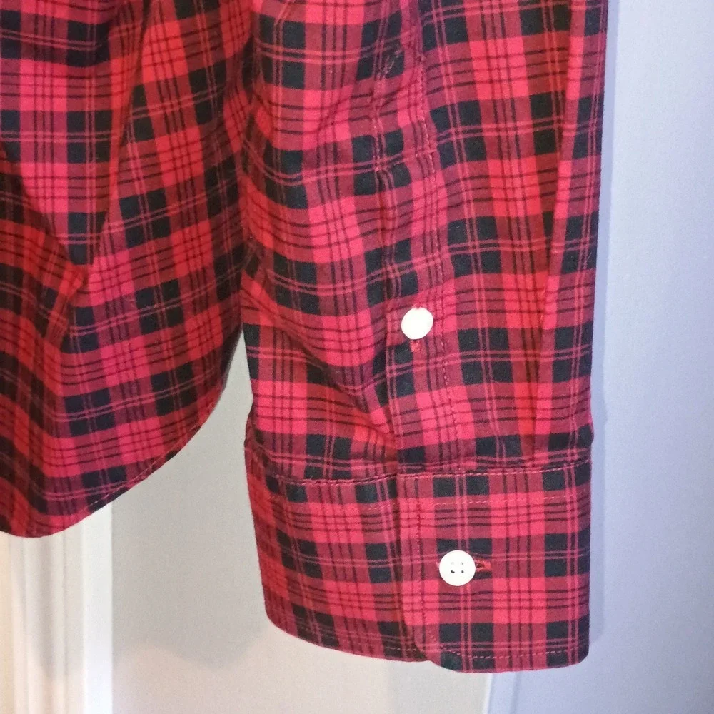 CHAPS Mens Plaid Long Sleeve Button Down Shirt Red Black XL No Iron‎ - Picture 8 of 13